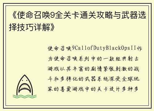 《使命召唤9全关卡通关攻略与武器选择技巧详解》