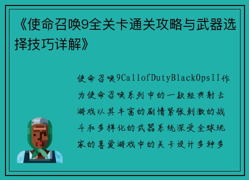 《使命召唤9全关卡通关攻略与武器选择技巧详解》