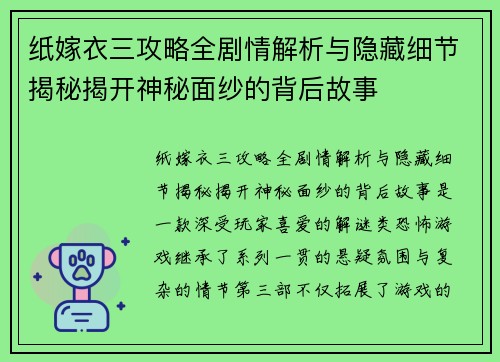 纸嫁衣三攻略全剧情解析与隐藏细节揭秘揭开神秘面纱的背后故事