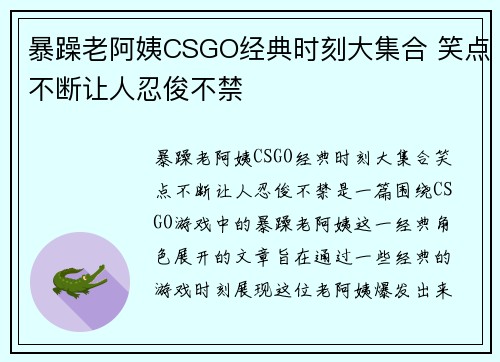 暴躁老阿姨CSGO经典时刻大集合 笑点不断让人忍俊不禁
