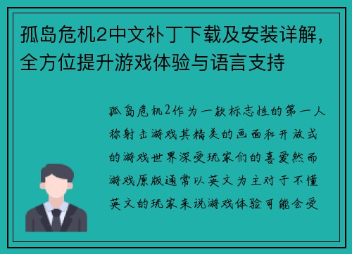 孤岛危机2中文补丁下载及安装详解，全方位提升游戏体验与语言支持